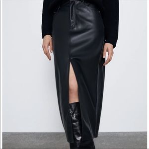Zara black leather midi skirt with slit